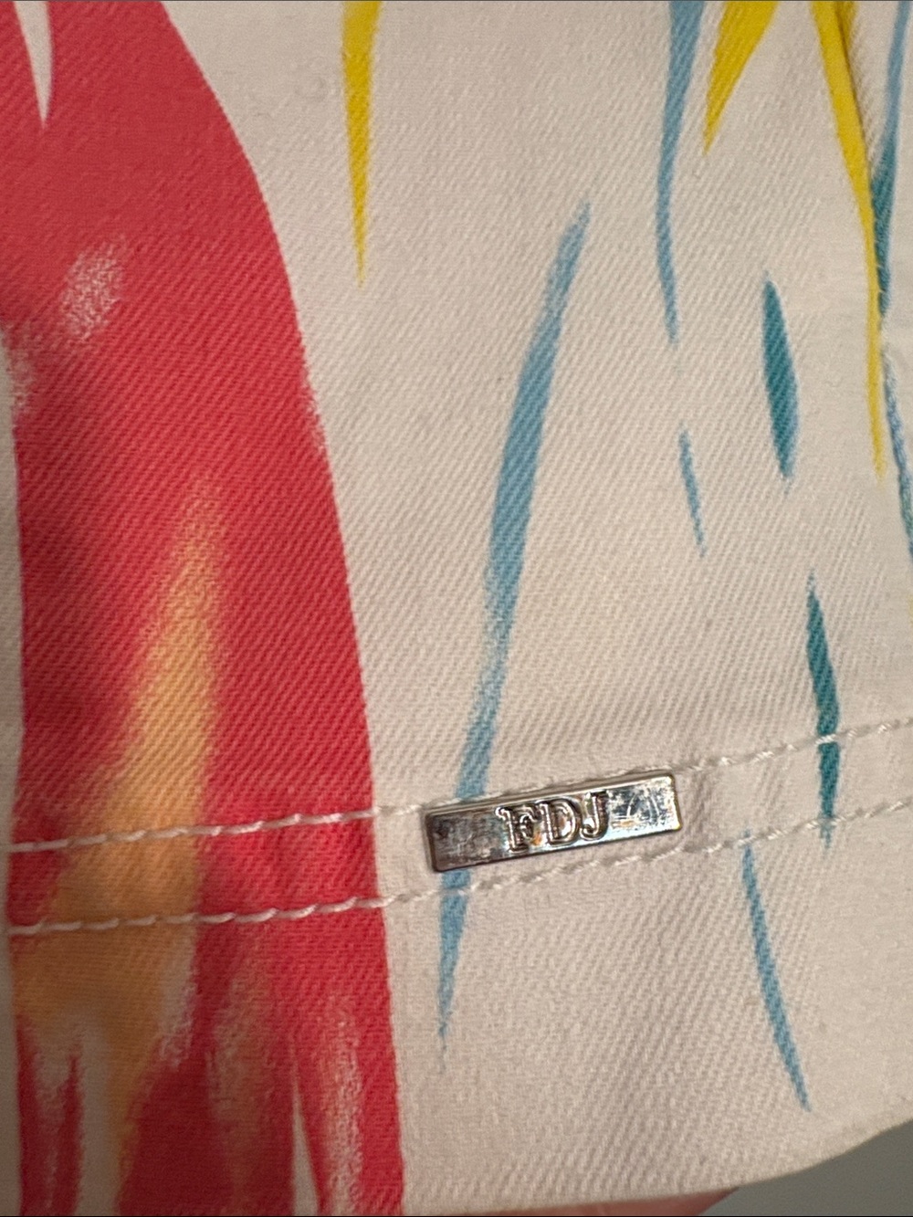 FDJ Printed Jean Jacket in White with Coral Teal Accents - Picture 6 of 8